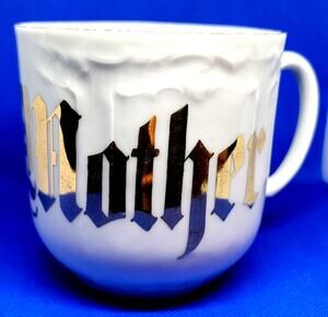 VNTG White Porcelain "Mother" Mug Gothic Style Gold Accents from K&L Co. Germany